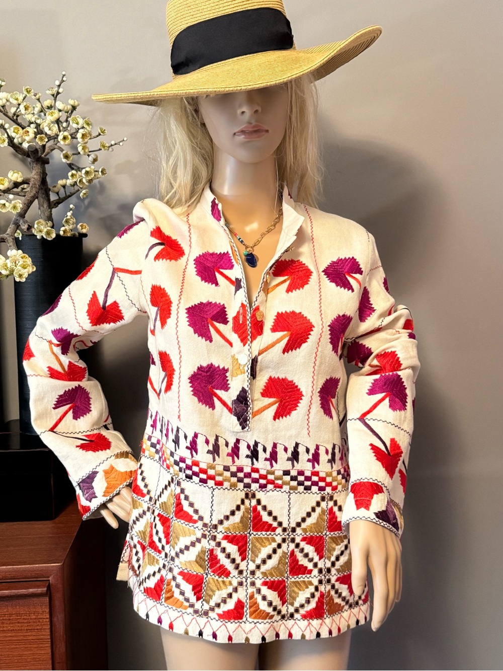 Tory Burch Cream Embroidered Linen Tunic with Red & Purple Accents - Picture 8 of 13